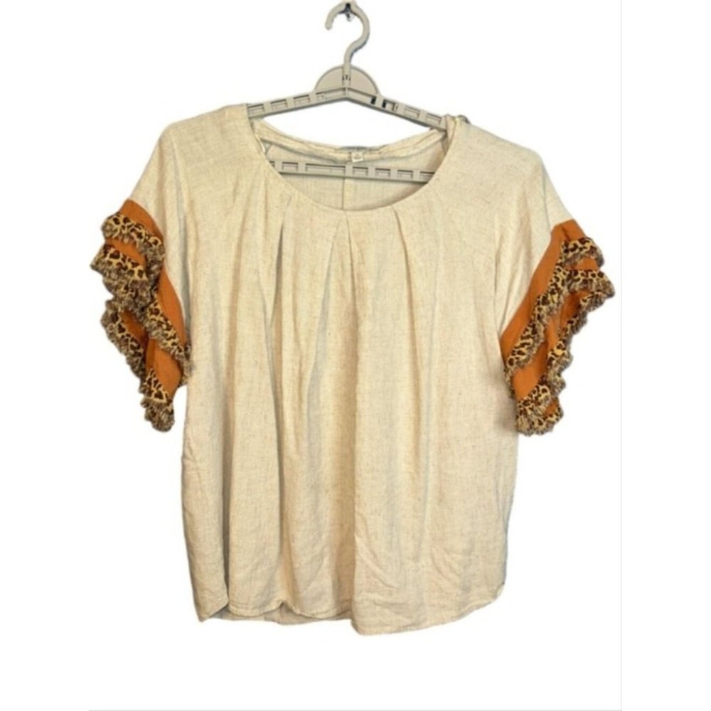 Umgee Blouse Womens Size Med Boho Cheetah Sleeves Fringe Cotton Linen Festival